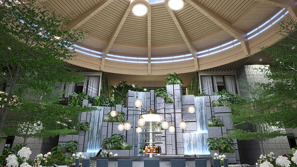 Un espace intérieur moderne doté d’un bar central, de coins salon et d’une cascade décorative.