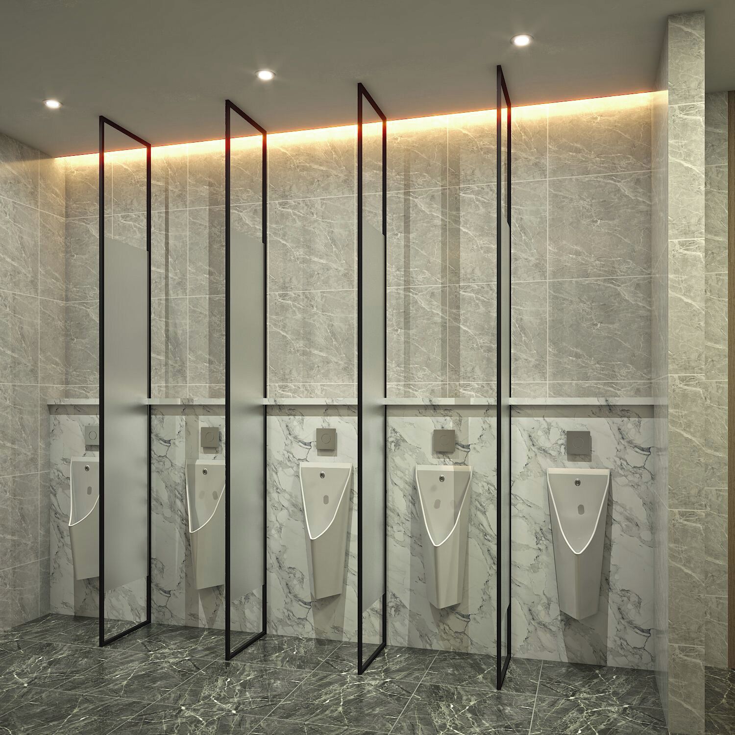 A modern bathroom with marble walls, black-framed mirrors, and multiple urinals.