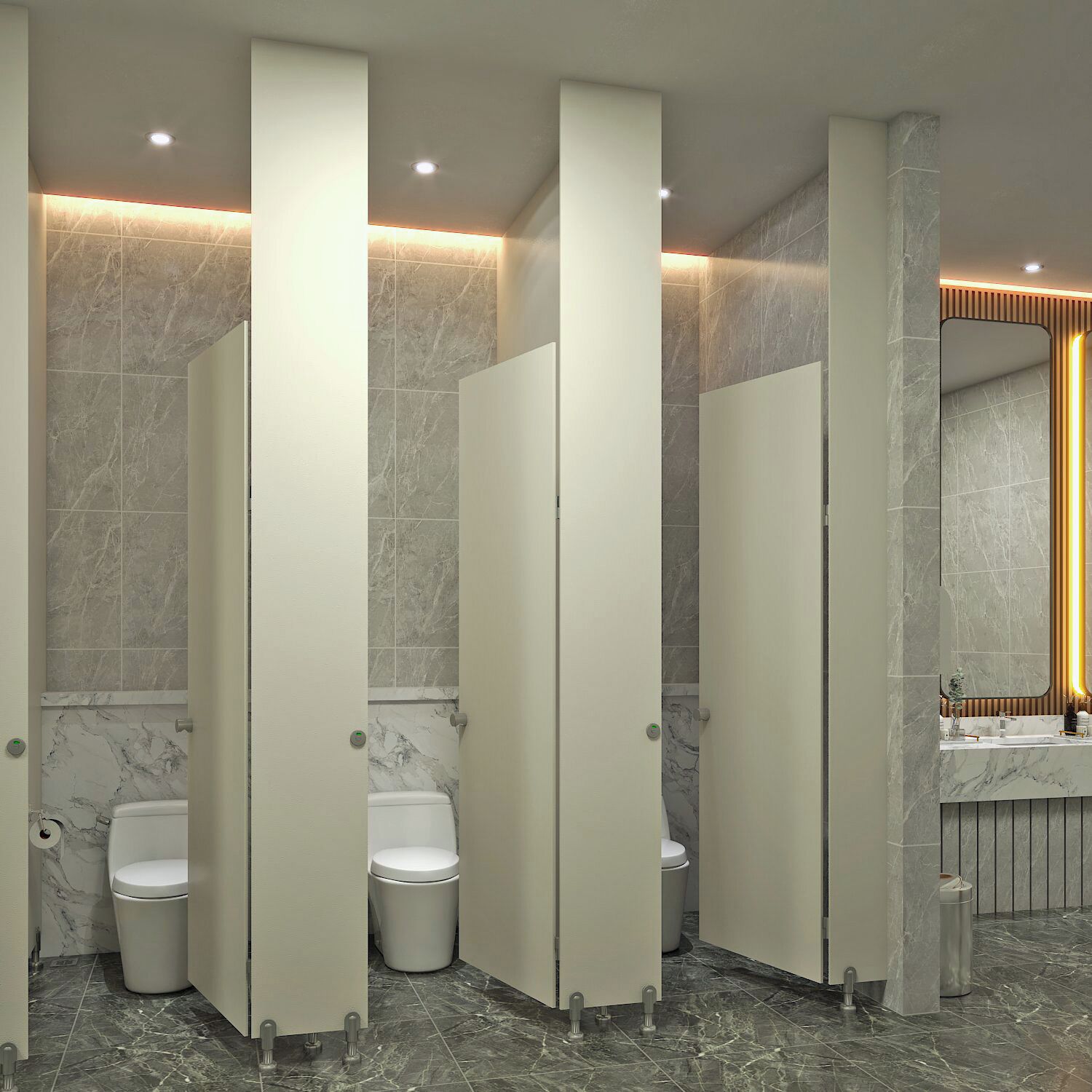 A modern bathroom with marble flooring, white fixtures, and a mirror with illuminated edges.