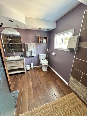 Shower, hair dryer, bidet, towels