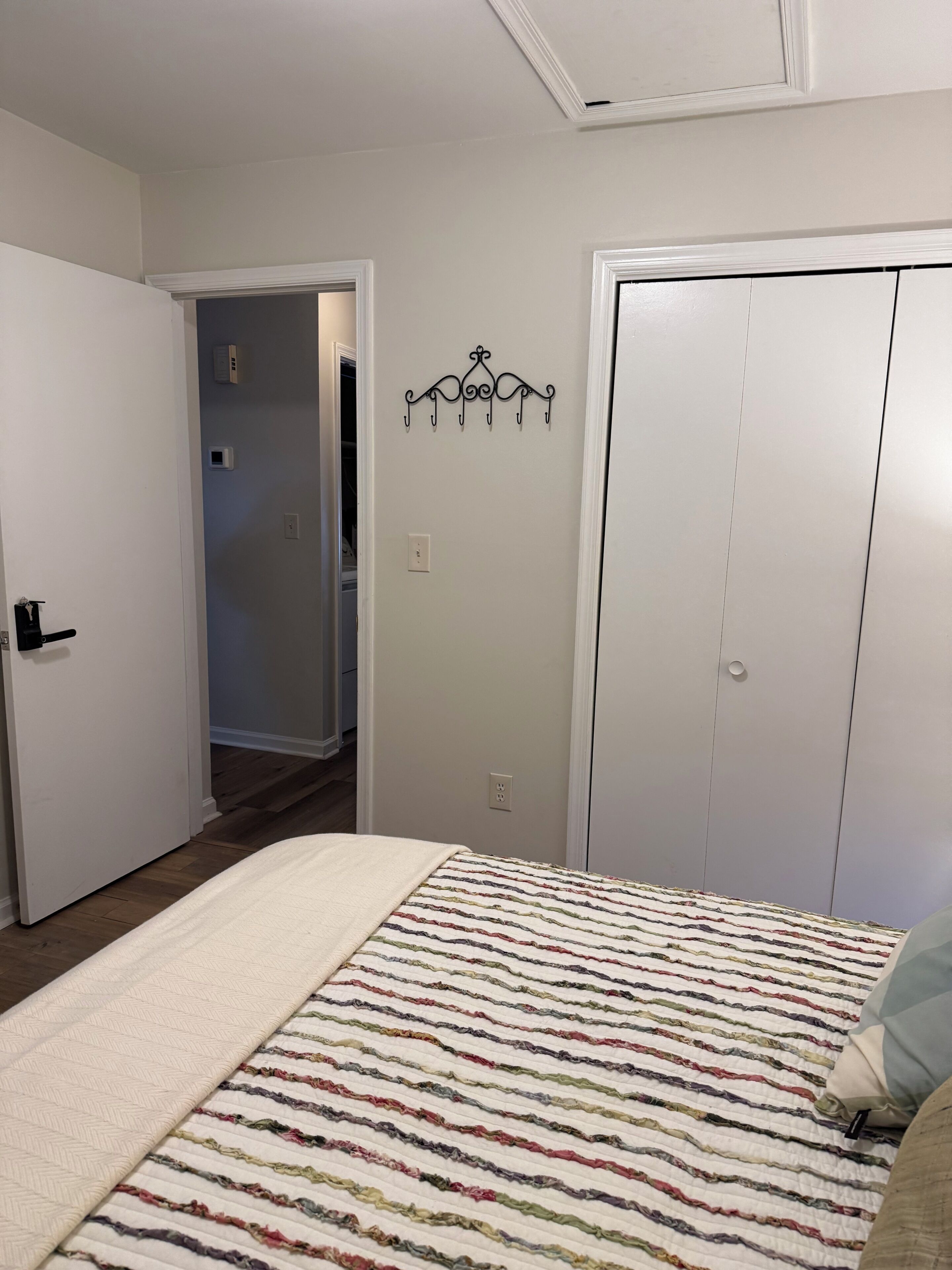 A bedroom with a bed, a wardrobe, a door, and a wall-mounted hook.