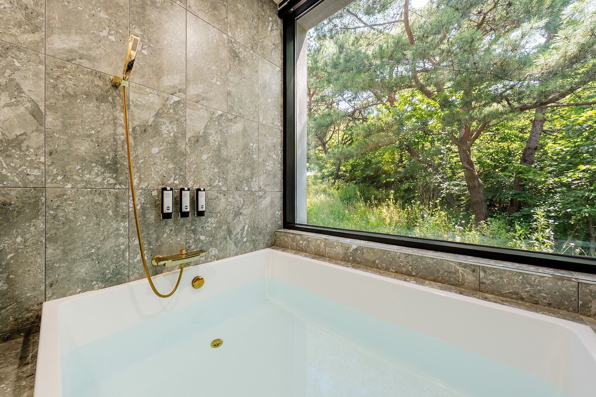 A bathroom with a bathtub, a shower, and a window with a view of trees.