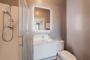 A bathroom with a shower, sink, toilet, and a mirror. - Family House With Hot Tub And Parking Christchurch (Christchurch)