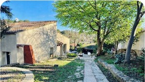A courtyard with a stone pathway, a small building with a tiled roof, and a large tree providing shade. - The ventabren cocoon (Nîmes)