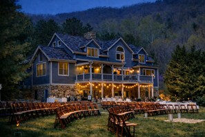 Outdoor banquet area - Three Timbers | 3 Luxury Timber Homes + Exclusive Pool Access Near Asheville (Fairview)