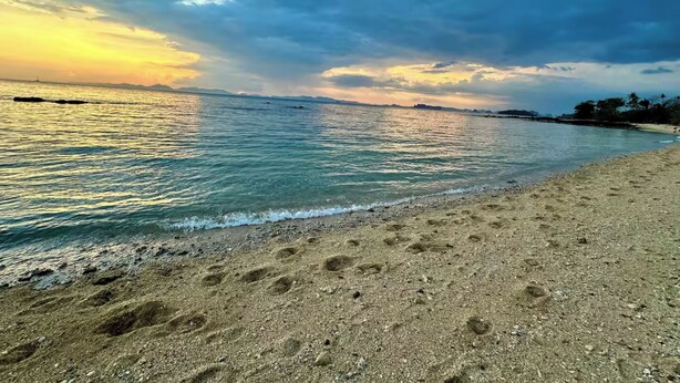 Ein Strand mit klarem Wasser, sandigem Ufer und einem Sonnenuntergang im Hintergrund.
