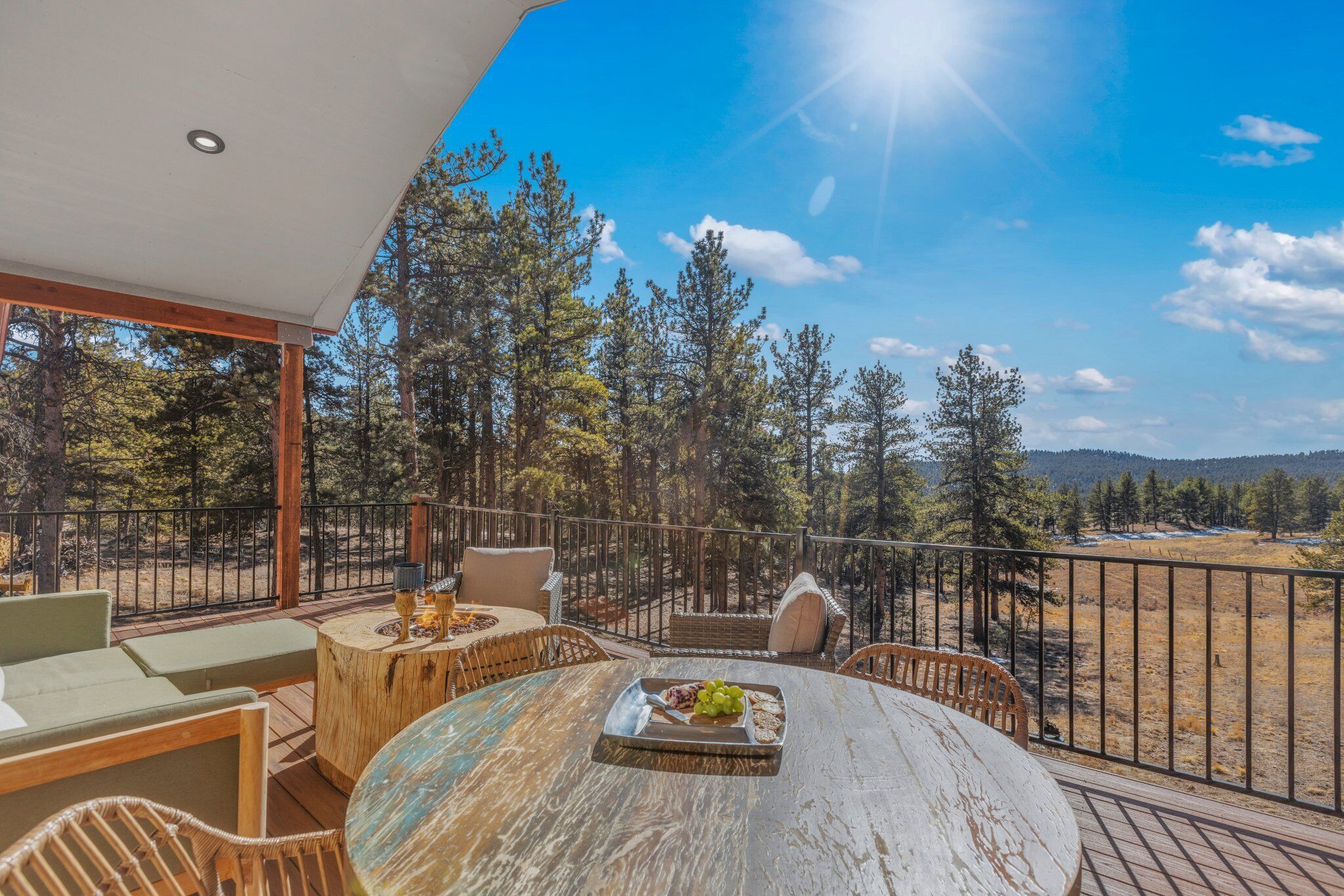 Une terrasse en bois avec des meubles d’extérieur, une table ronde sur laquelle est disposé un plateau de fruits, et une vue sur une zone boisée.