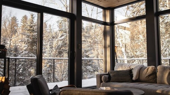 A room with large windows, a sofa, and a chair.