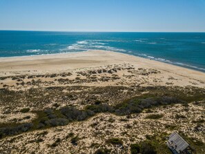 A beach with sparse vegetation and a clear view of the ocean. - Moondance delights with its designer touches! (Bald Head Island)