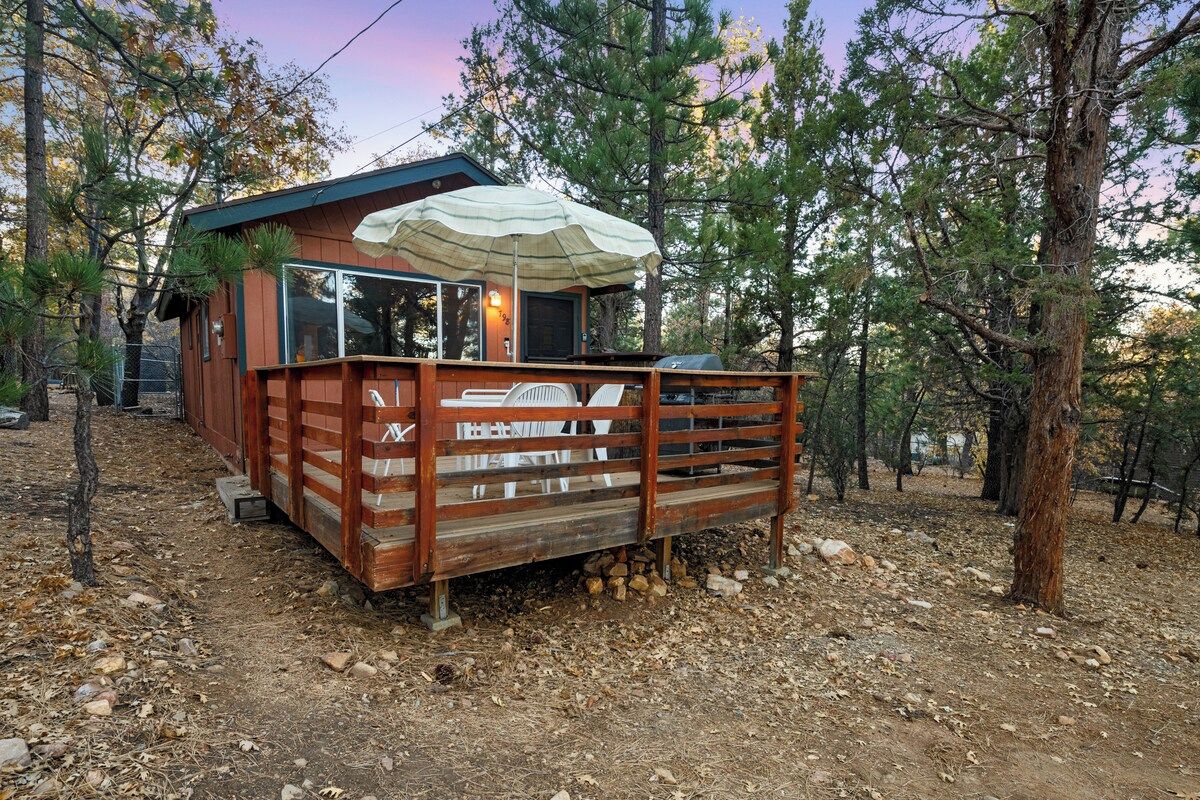 Une cabane dotée d’une terrasse, entourée d’arbres.