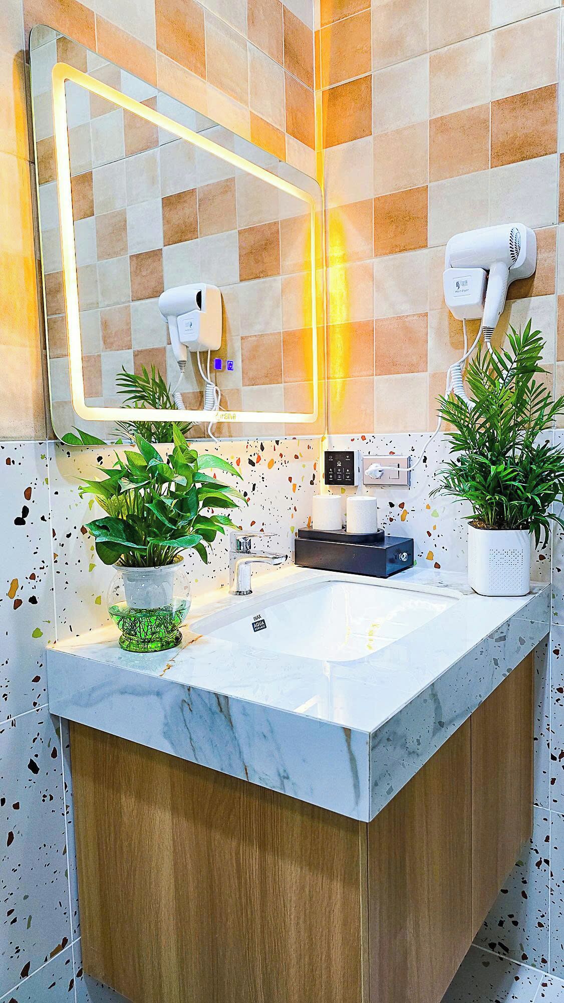 A modern bathroom with a marble sink, two hair dryers mounted on the wall, and two potted plants.