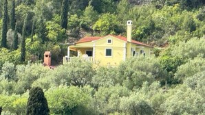 A yellow house with a red roof surrounded by dense green vegetation. - Family Apartment Sofija (Preko)