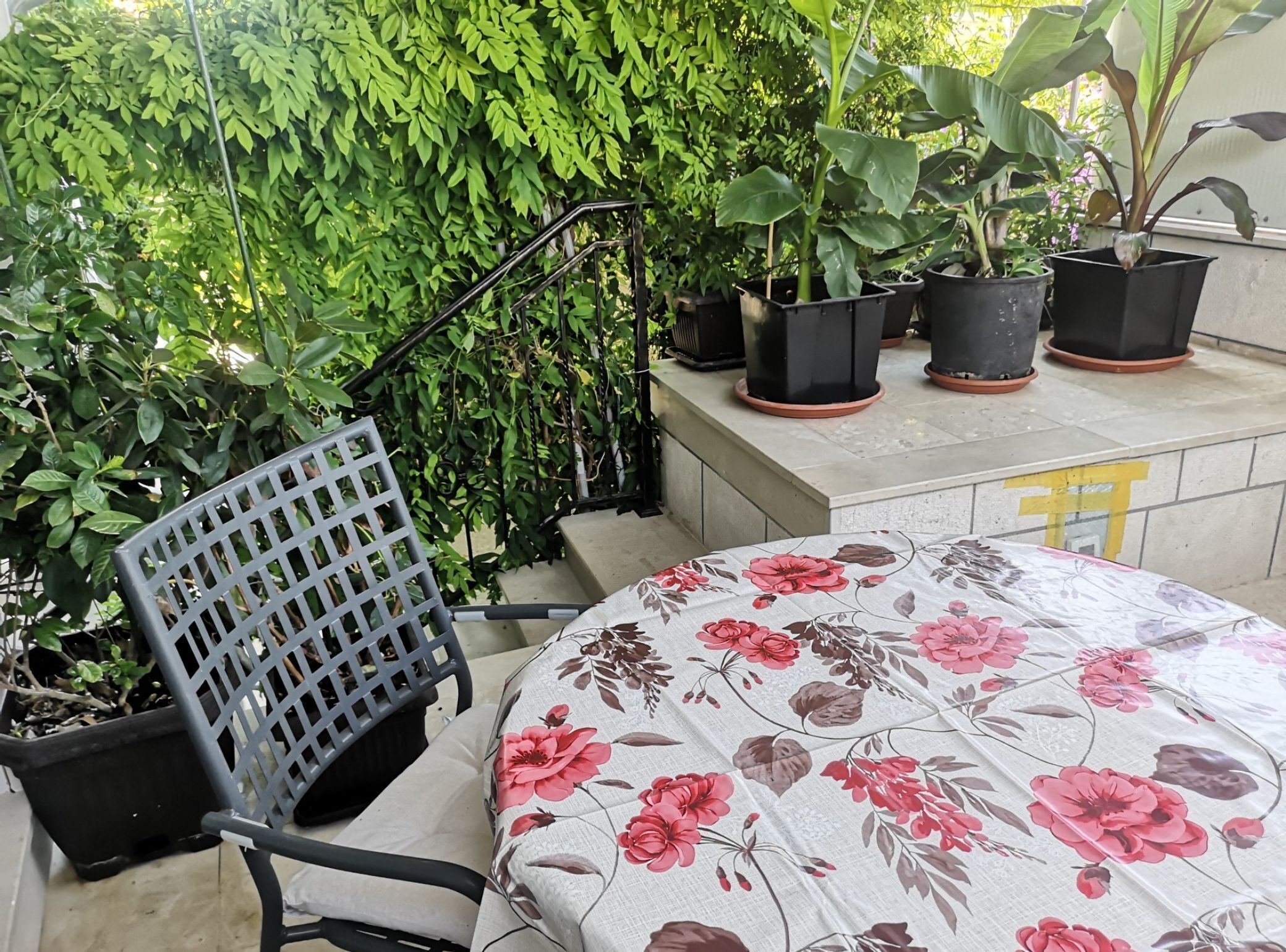 Un patio con una silla y una mesa cubiertas con un mantel floreado.