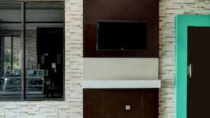 Une pièce dotée d’une grande fenêtre, d’un téléviseur à écran plat fixé au mur et d’une porte de couleur turquoise.