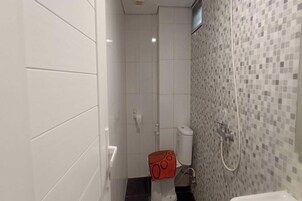 Quarto duplo luxo | Banheiro | Chuveiro, toalhas de banho, sabonete, papel higiênico