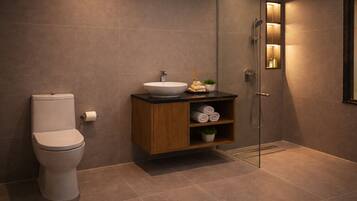 Suihku, ilmaiset hygieniatuotteet, hiustenkuivaaja, tohvelit