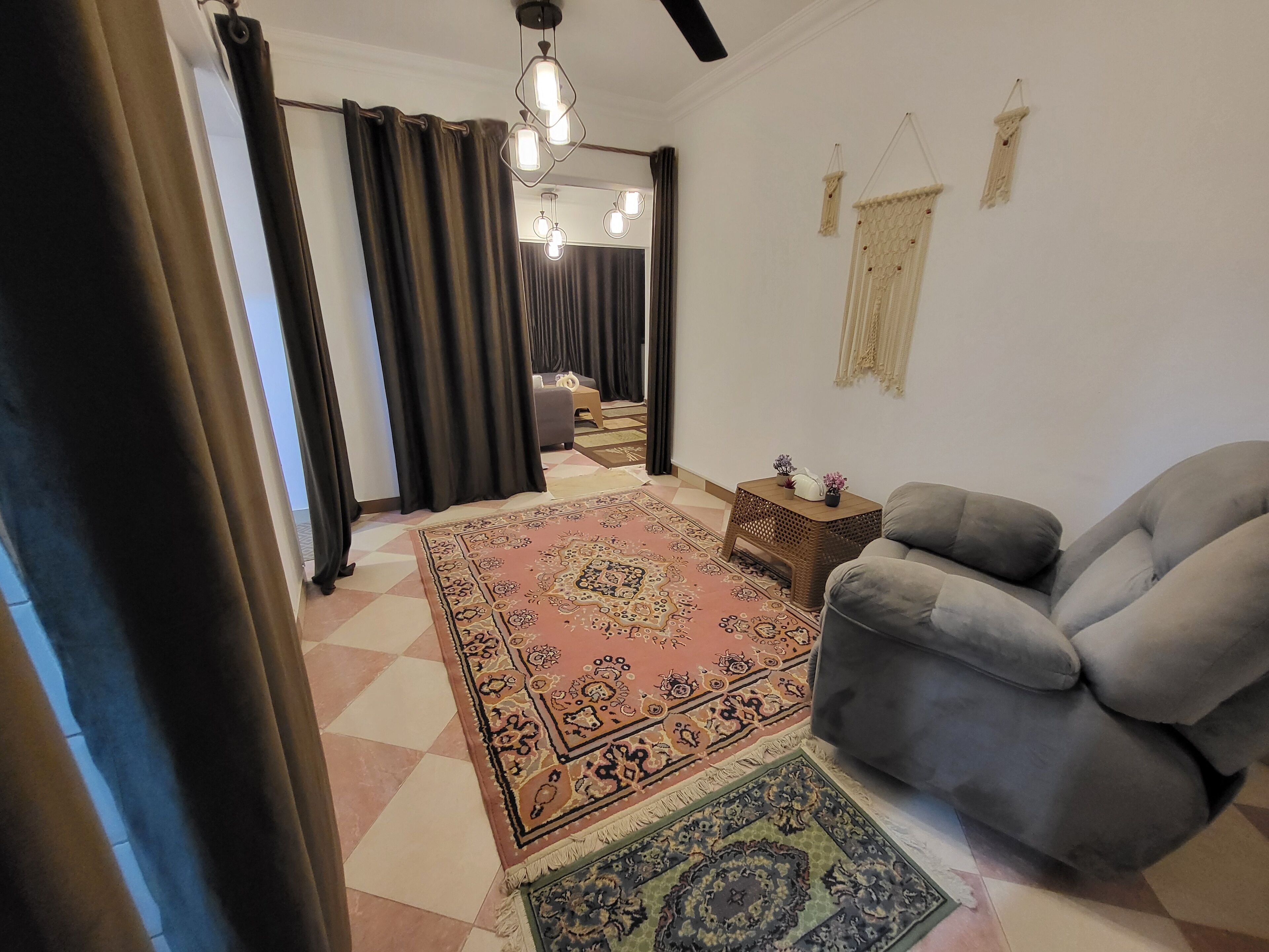 Ein Wohnzimmer mit grauem Sofa, einem gemusterten Teppich, einem kleinen Tisch mit Pflanze und einer Deckenleuchte.