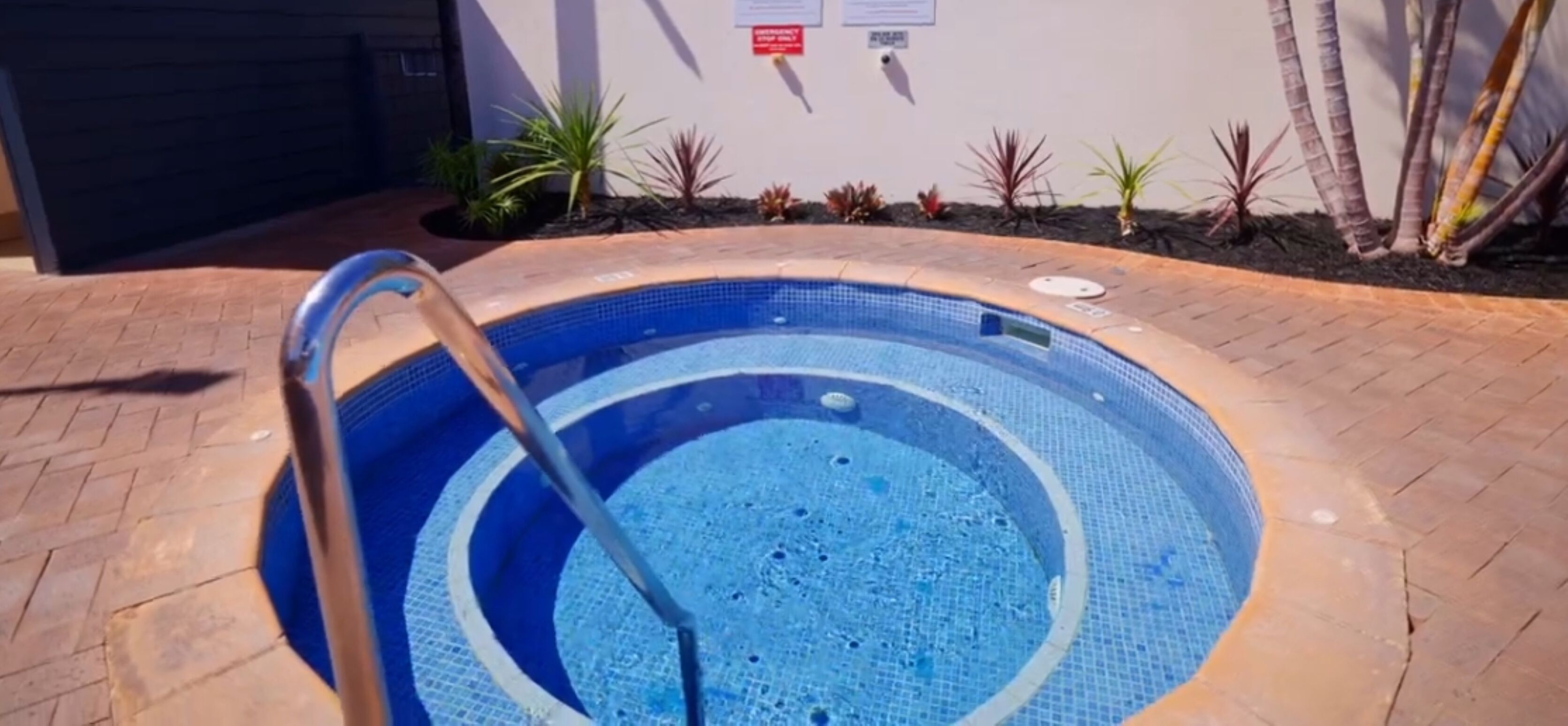 A circular swimming pool with a ladder, surrounded by a brick walkway and various plants.