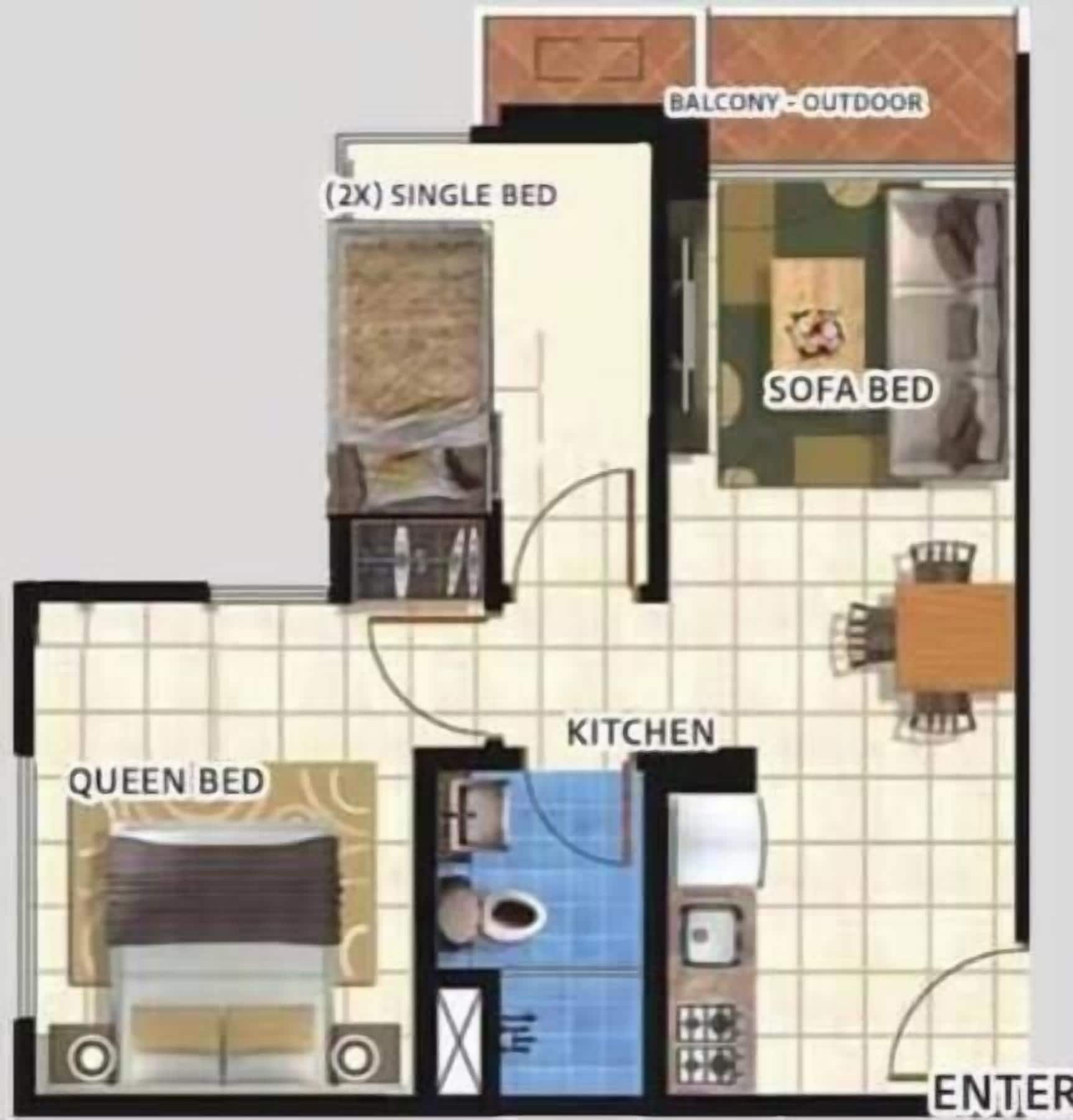 Un appartement de deux chambres comprenant un balcon, une cuisine, un lit double, un lit simple et un canapé-lit.