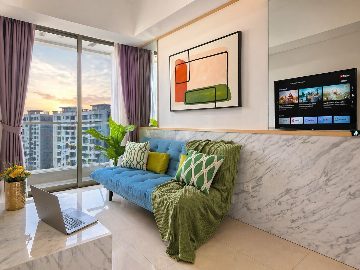A modern living room with a sofa, a laptop on a table, a large window with curtains, a plant, and a mounted TV displaying a streaming service.