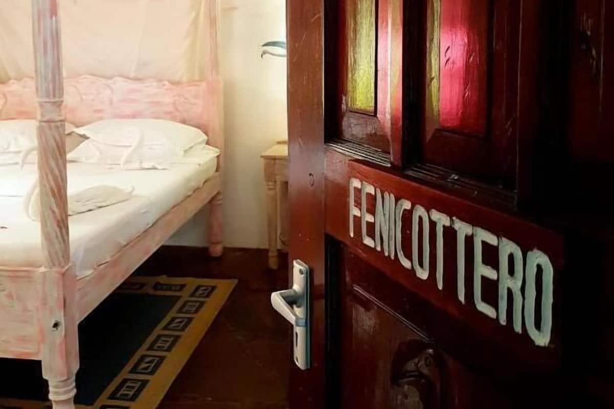 A room with a bed, a wooden door labeled "FENICOTTERO," and a small table.