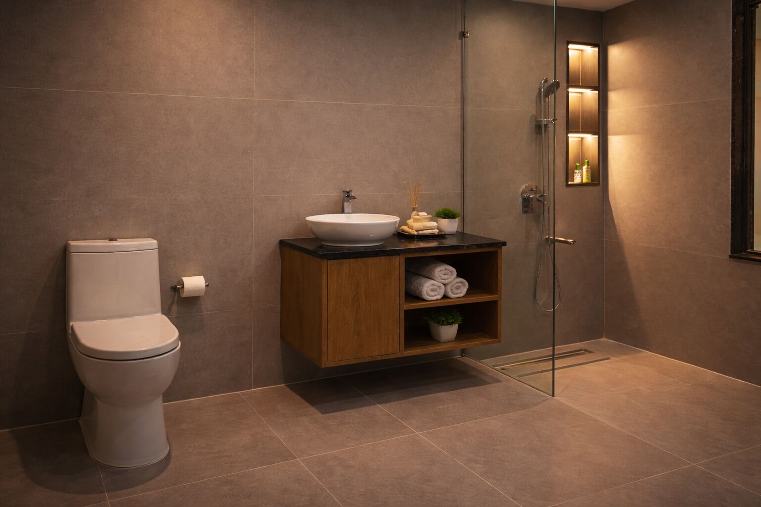 Een aparte badkuip en douche, pantoffels, handdoeken, zeep