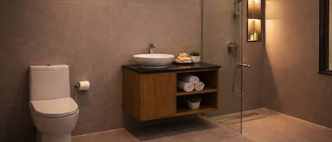 Separate tub and shower, slippers, towels, soap