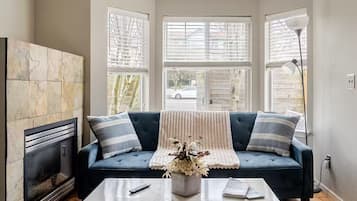 Een smart-tv, een open haard en boeken