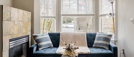 Älytelevisio, takka, kirjoja