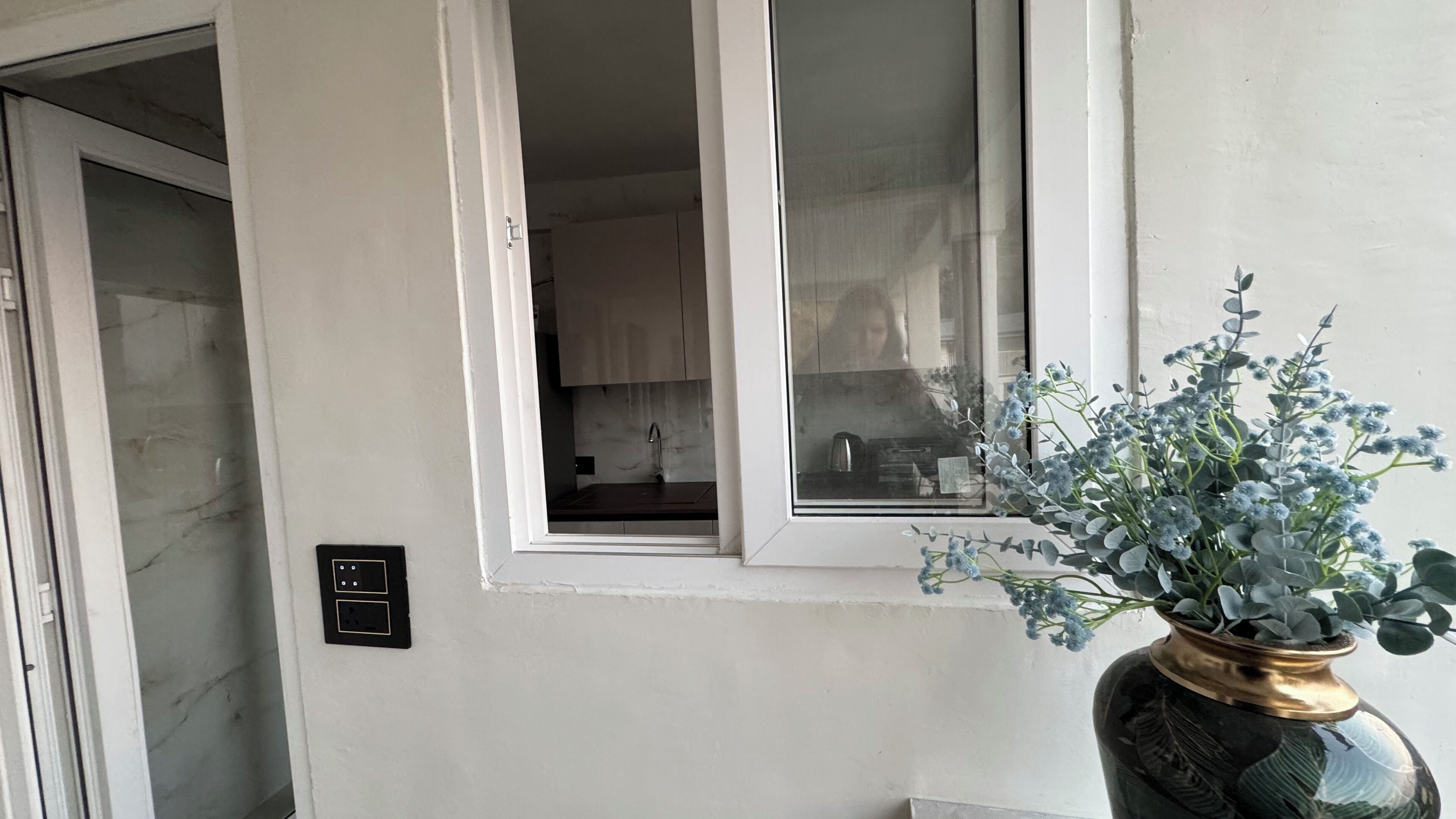 Une vue par une fenêtre, avec un mur blanc, une porte et un vase rempli de fleurs.
