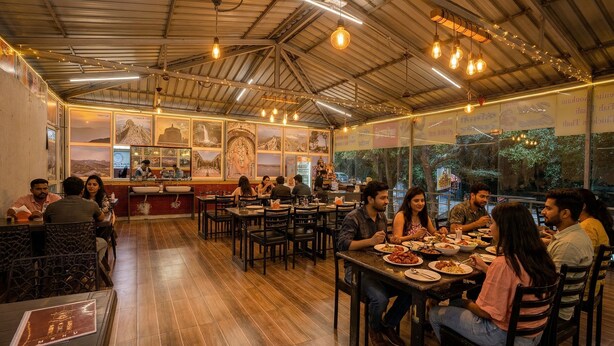 A restaurant with wooden flooring, tables, chairs, and hanging light fixtures. - Fabhotel Green Crystal (Mahabaleshwar)