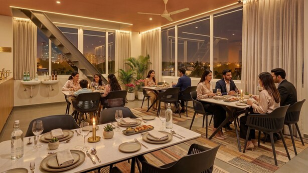 A dining area with tables set for guests, large windows, and a view of the cityscape. - Fabhotel Global Stay Rajajinagar (Bangalore)