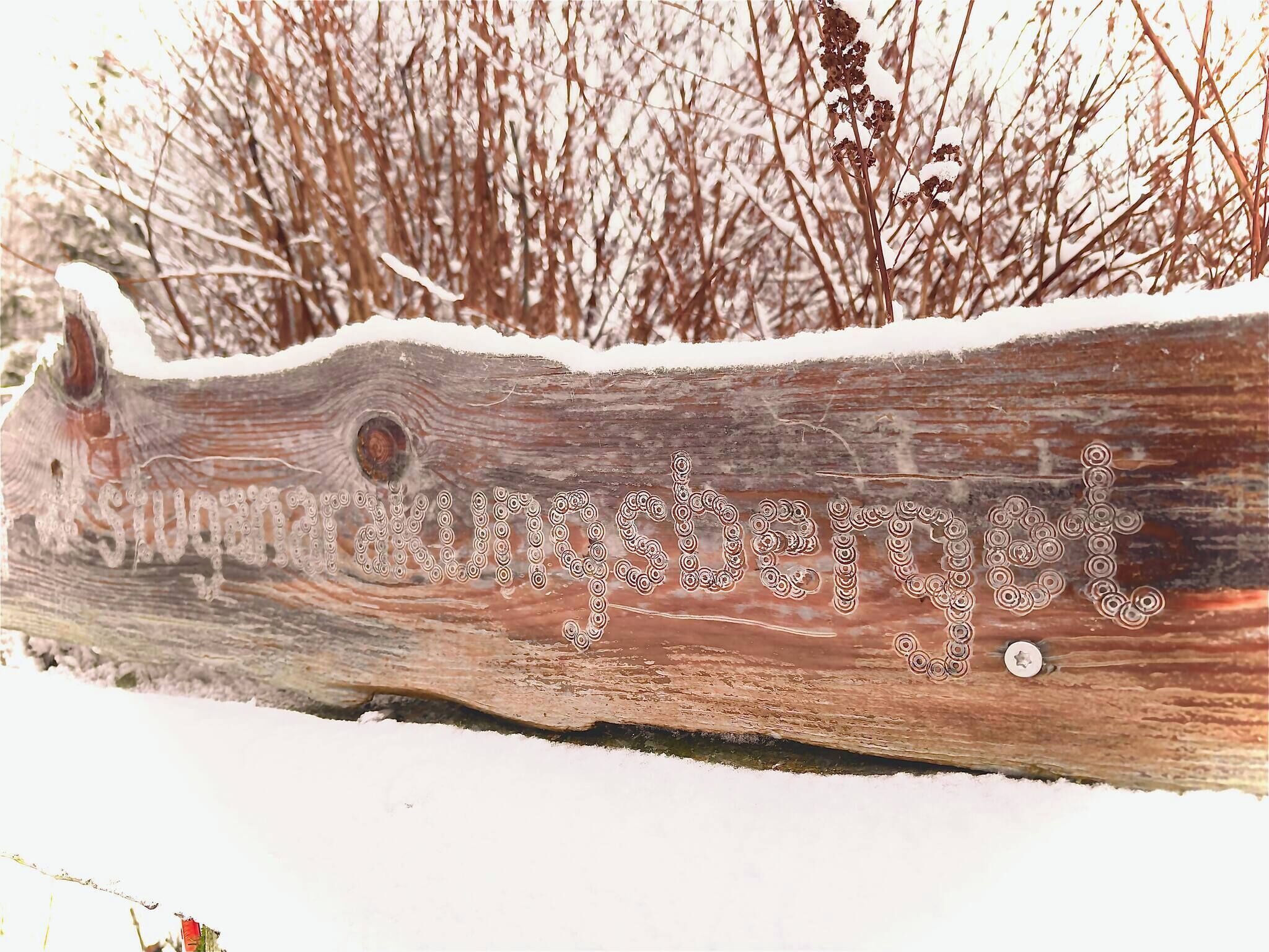 A wooden sign with the inscription "Stungberg" in a forested area with snow.