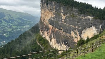 Ein grasbewachsener Hügel mit Holzzaun und einer steilen Klippe.