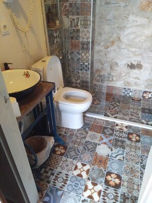A bathroom with a toilet, sink, and shower area. - Kayaüstü Dağ Evi (Duzkoy)