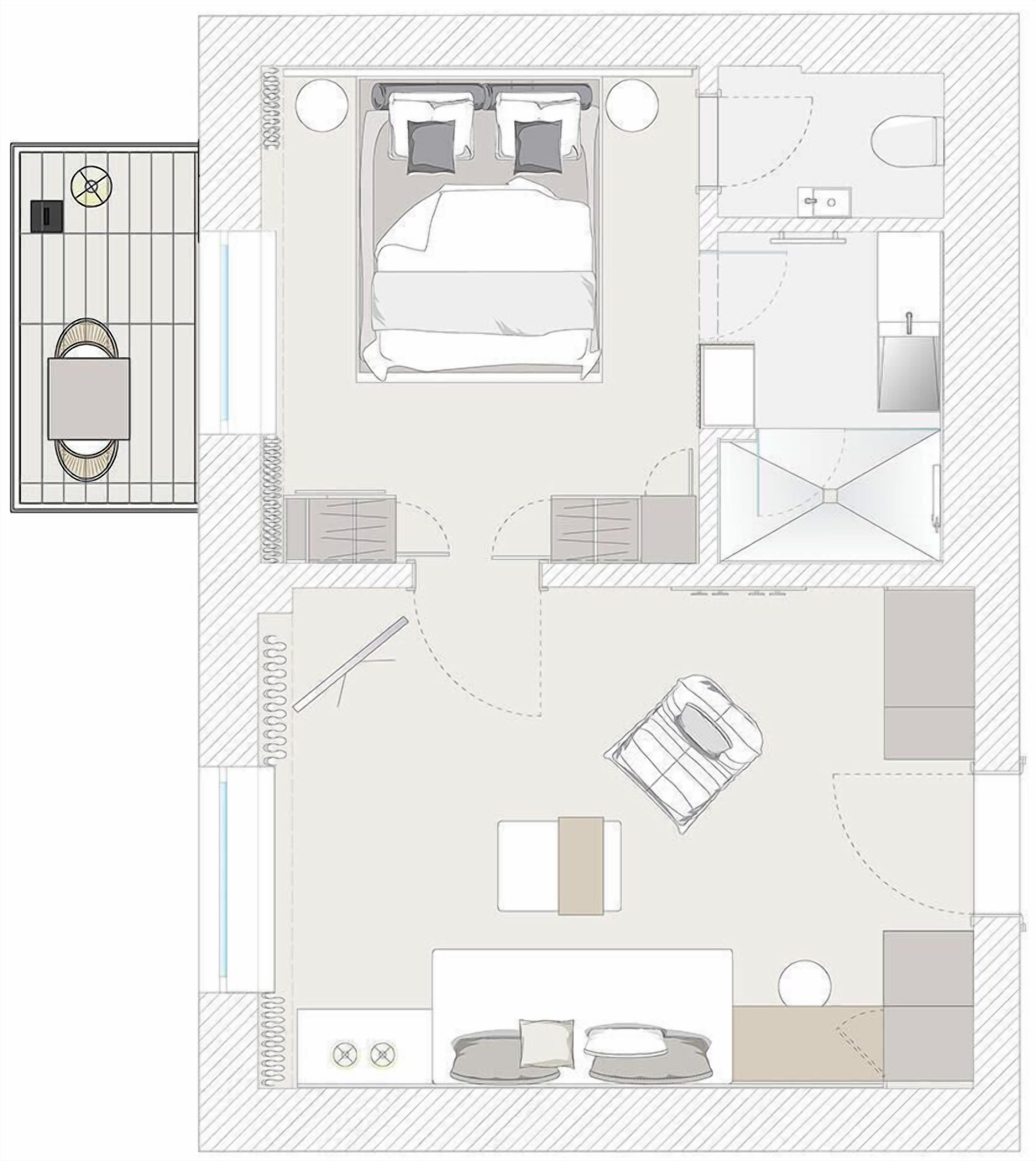 A hotel room layout with a bed, a desk, a chair, a small table, a sofa, a bathroom, and a storage area.