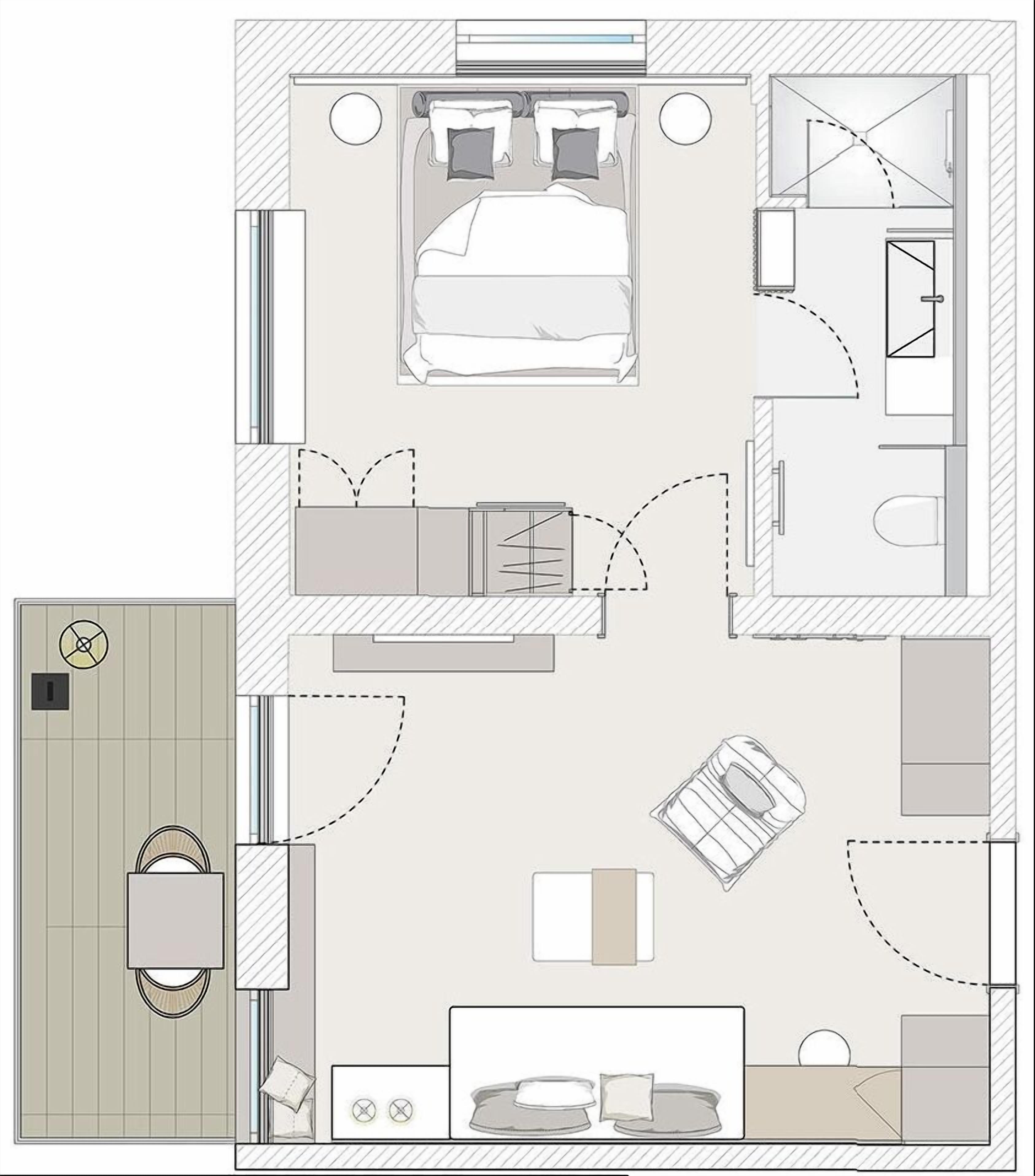 A hotel room layout with a bed, a desk, a chair, a small table, a sofa, and a bathroom.
