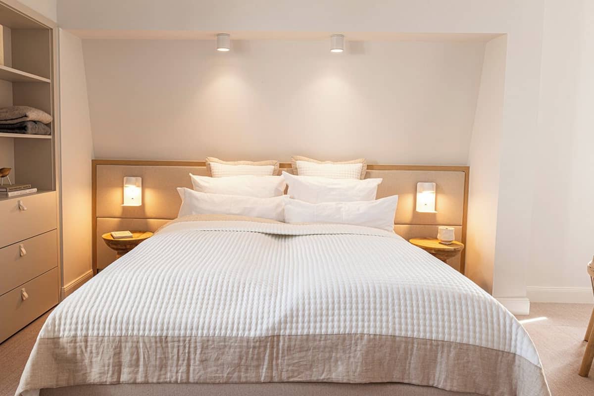 A neatly arranged bedroom with a large bed, two bedside tables, a nightstand, and a built-in shelf with folded towels.