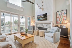 TV, offices - Elegant Coastal Retreat w/ Pool, Spa, & Golf Views (Isle of Palms)
