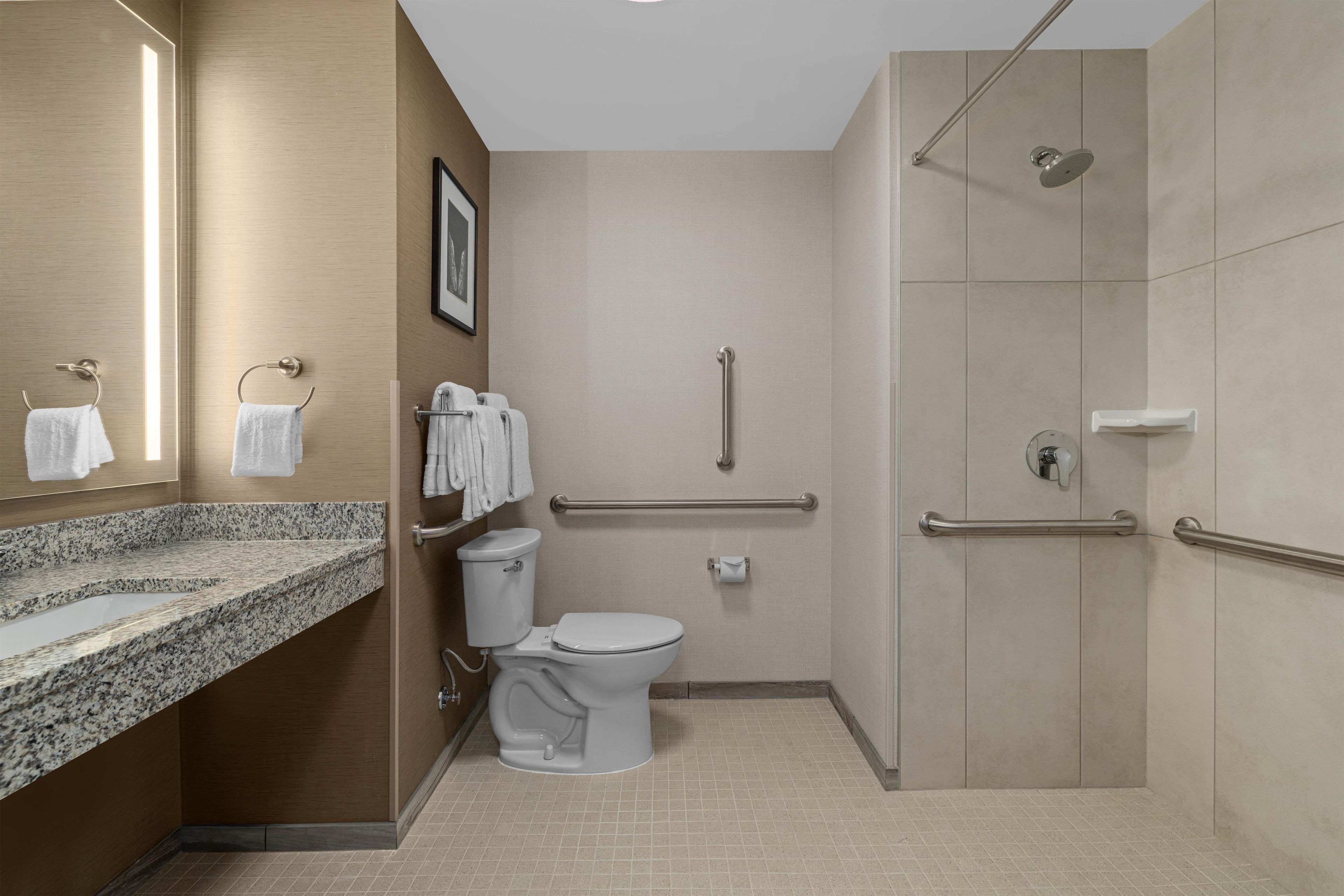 Une salle de bain moderne avec un comptoir en granit, des toilettes, une douche avec une porte en verre et des barres d’appui.