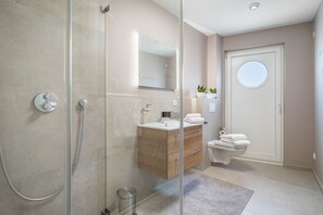 A modern bathroom with a glass shower enclosure, a wooden vanity with a mirror, and a toilet.