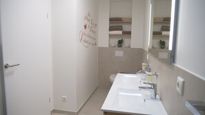 Chuveiro, secador de cabelo, toalhas de banho 