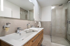 Shower, hair dryer, towels - Apartment "Seeterrasse" with Lake View, Shared Terrace and Wi-Fi (Malchow)