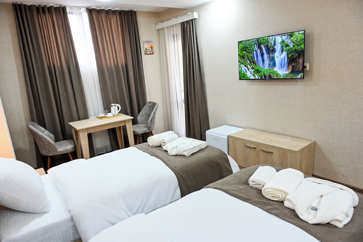 Standaard Twin kamer, balkon, uitzicht op de stad | Een bureau, een strijkplank/strijkijzer