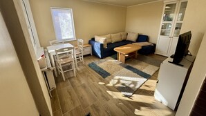 Un espace de vie compact comprenant un coin repas, un canapé, un téléviseur et une fenêtre avec des stores.