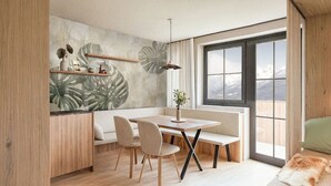 A modern dining area with a wooden table, chairs, and a bench. There is a window with a view of mountains. - Apartment mit 1 Schlafzimmer (Kaprun)