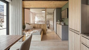 Un intérieur moderne avec un plafond en bois, un canapé agrémenté d’un plaid en fourrure, un coin repas et une cuisine dotée de meubles en bois.