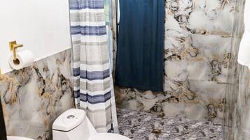 Regadera, toallas, jabón, shampoo