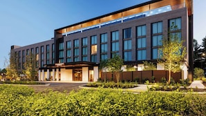 A modern hotel building with a flat facade, large windows, and a well-maintained outdoor area with greenery.