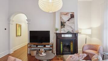Smart TV, fireplace, books